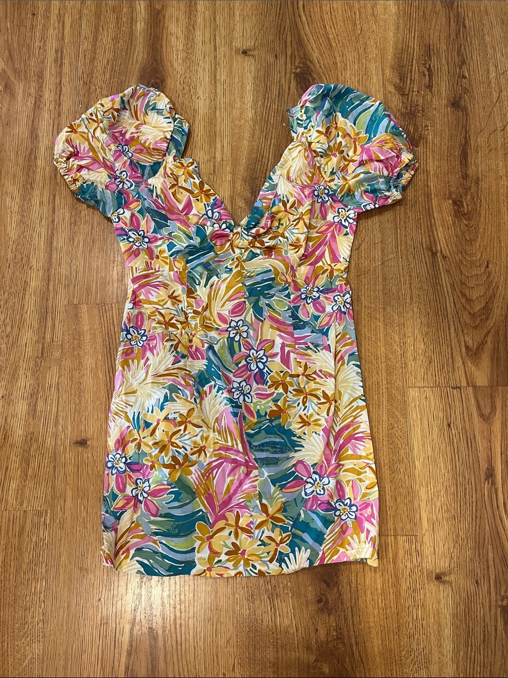 Nasty Gal Floral Puff-Sleeve V-Neck Mini Dress in Multicolor Size 8
